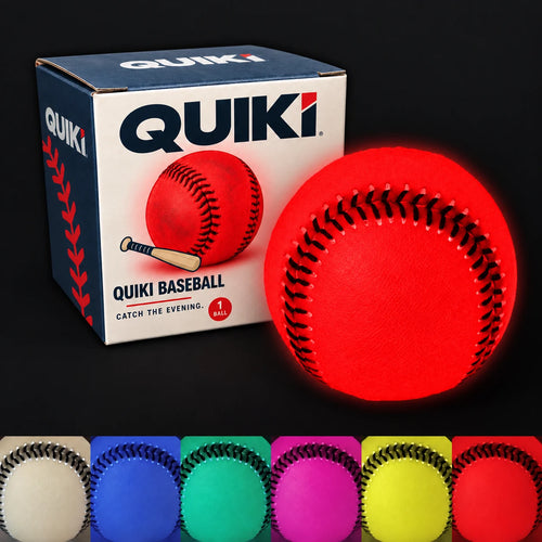 Glowing Quiki baseball next to its box, with all six glow colors